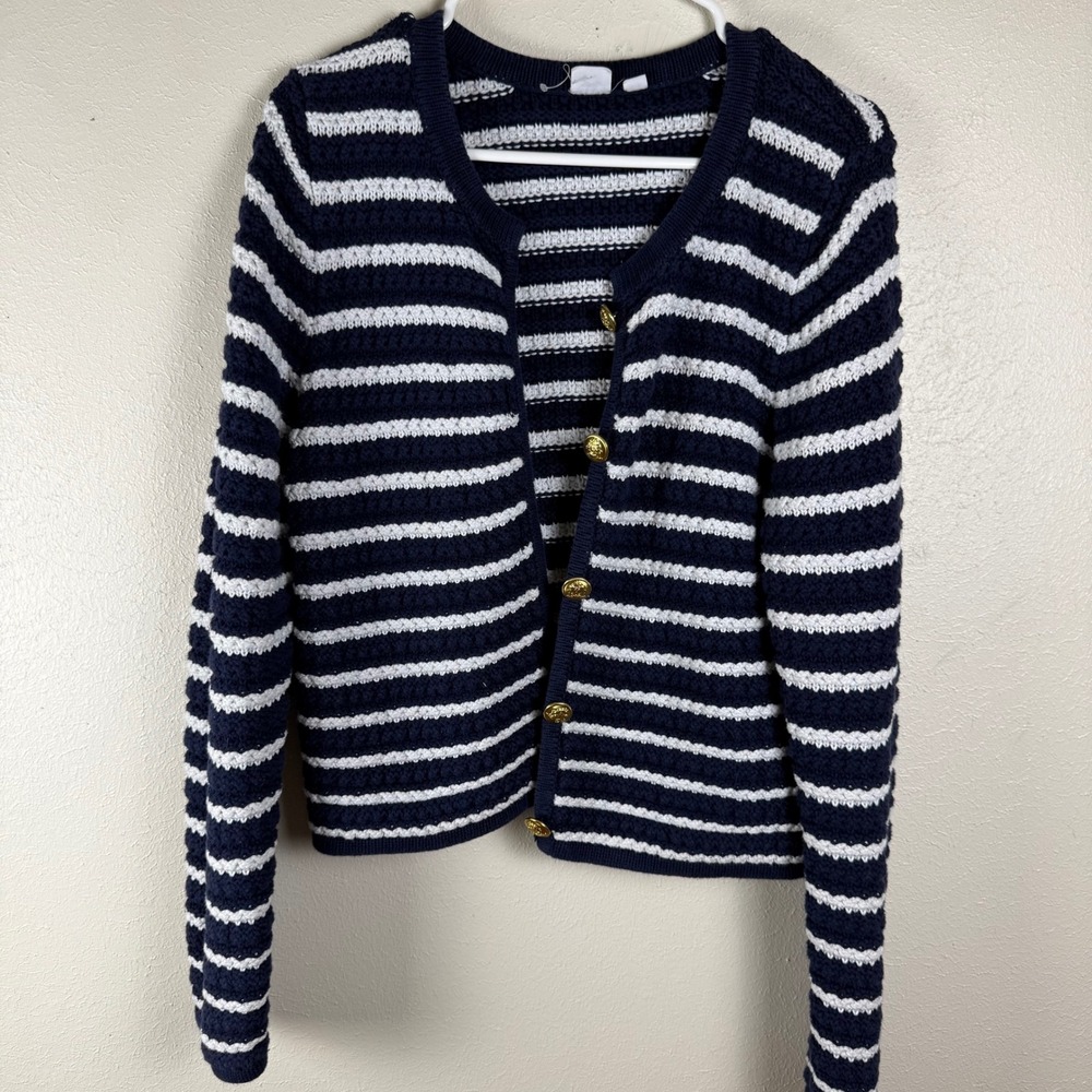 Gap Lady Jacket Navy Stripe Textured Cotton Cardigan Gold Crest Buttons L